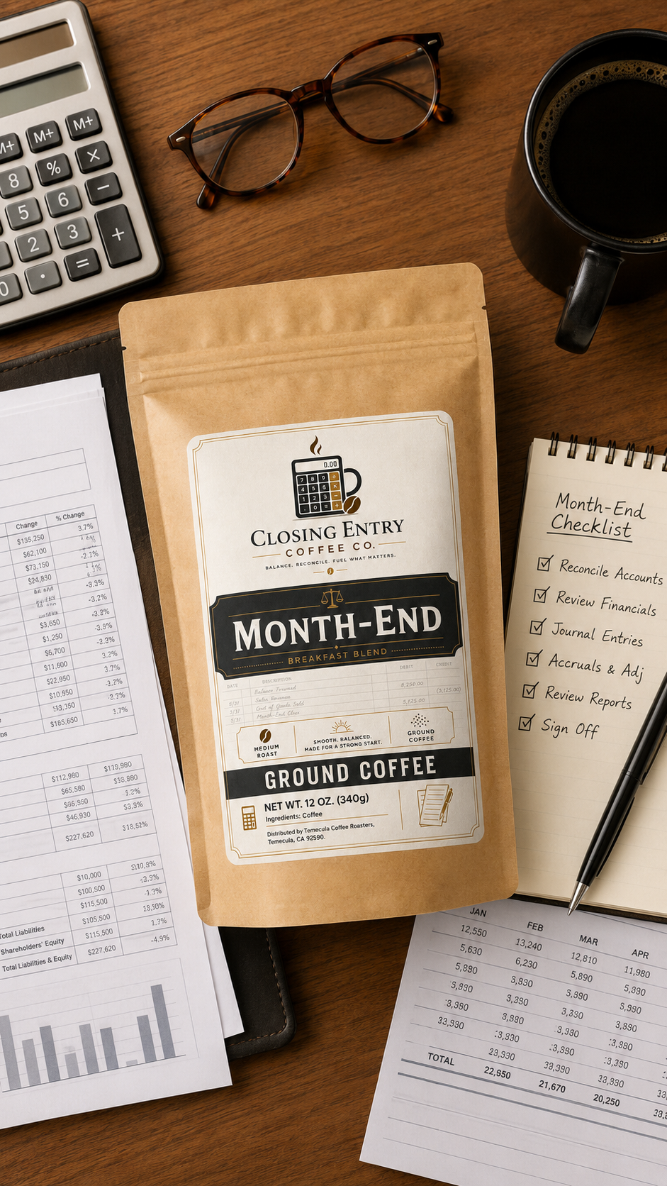 Overhead view of Month-End coffee with a calculator, month-end checklist, glasses, pen, and financial statements.