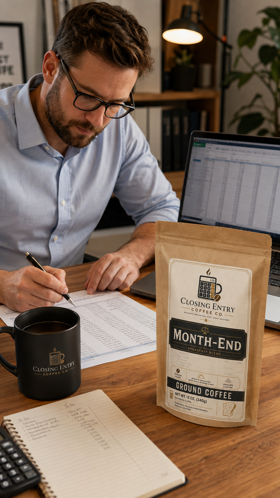Accountant reviewing financial statements at a desk with Month-End coffee, laptop, calculator, notebook, and mug.