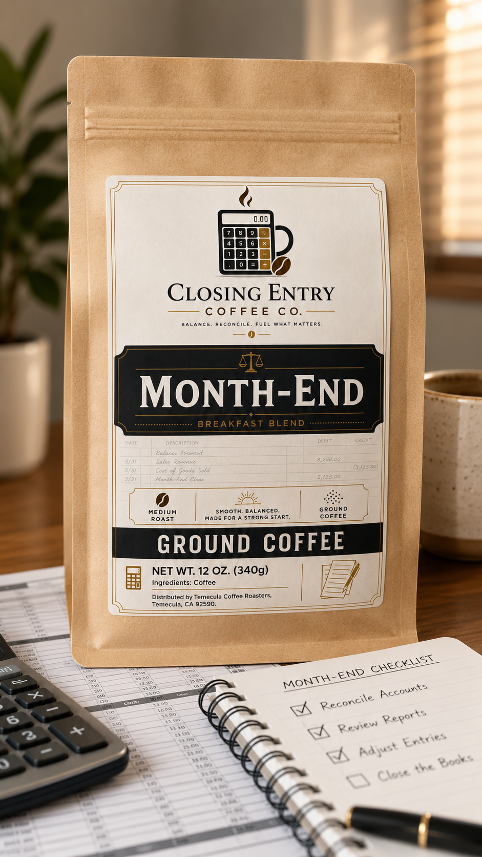 Month-End medium roast breakfast blend ground coffee in a natural kraft bag on an accounting desk.