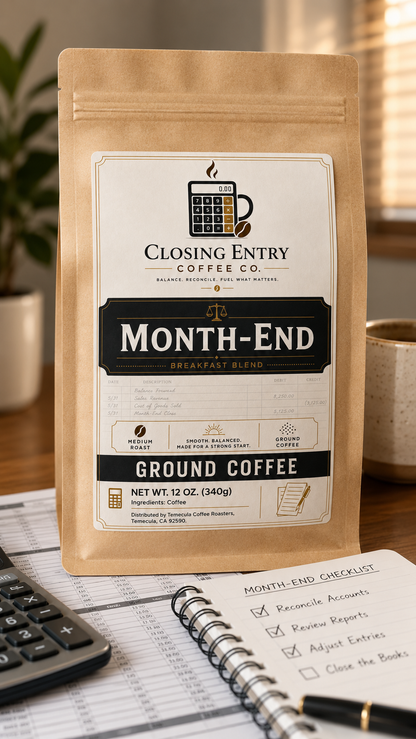 Month-End medium roast breakfast blend ground coffee in a natural kraft bag on an accounting desk.