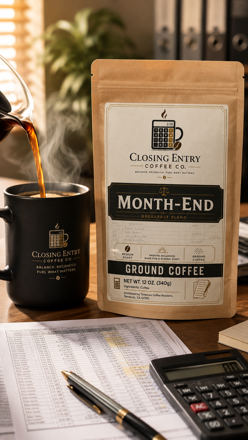 Month-End coffee bag beside a steaming mug, spreadsheet, calculator, and pen in a warm accounting workspace.